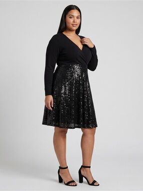 Torrid Black Deep V Sequin Mixed Knit LS Skater Dress Party Evening Glam NEW 22